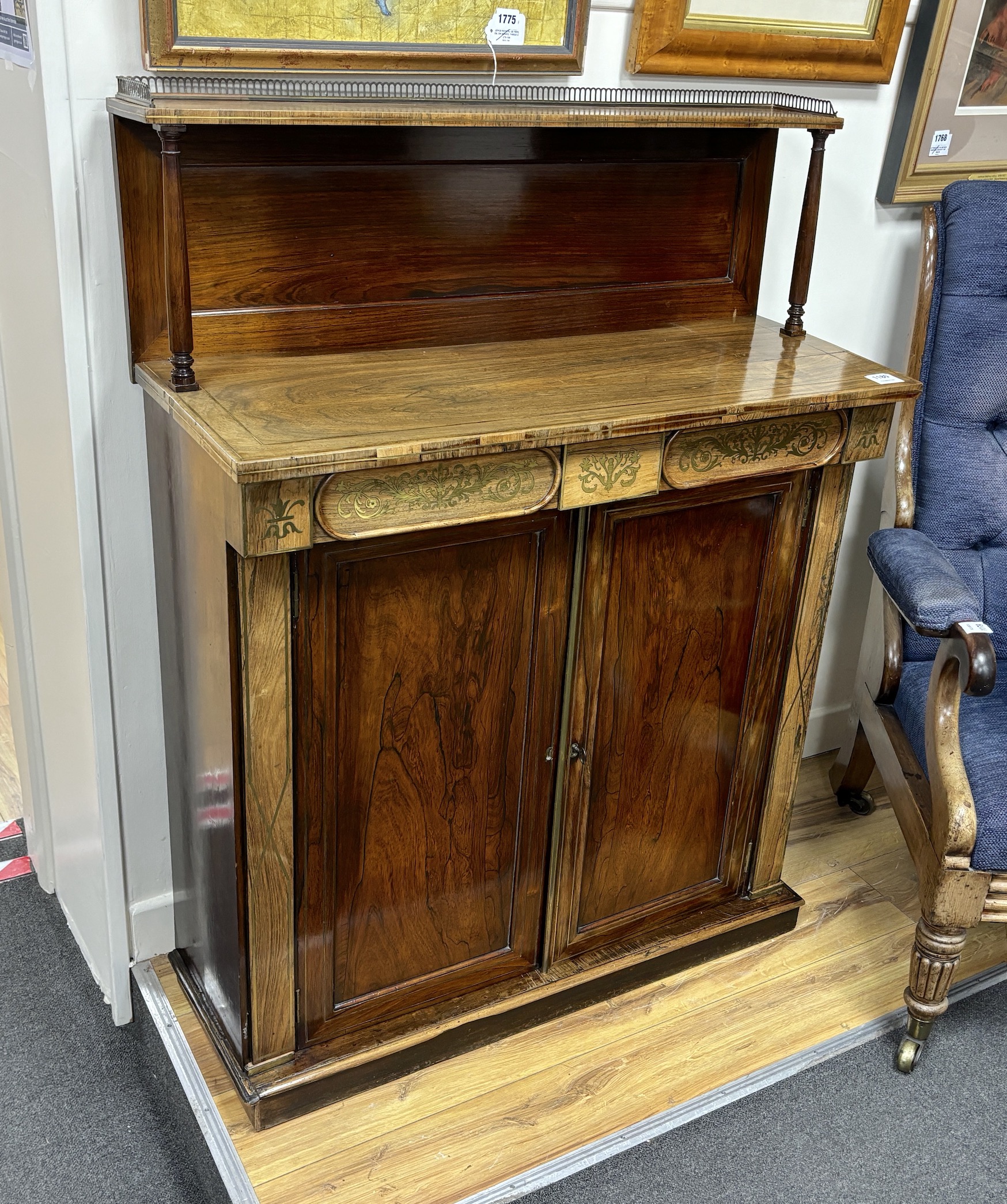 A Regency cut brass and inlaid rosewood chiffonier, width 90cm, depth 37cm, height 121cm